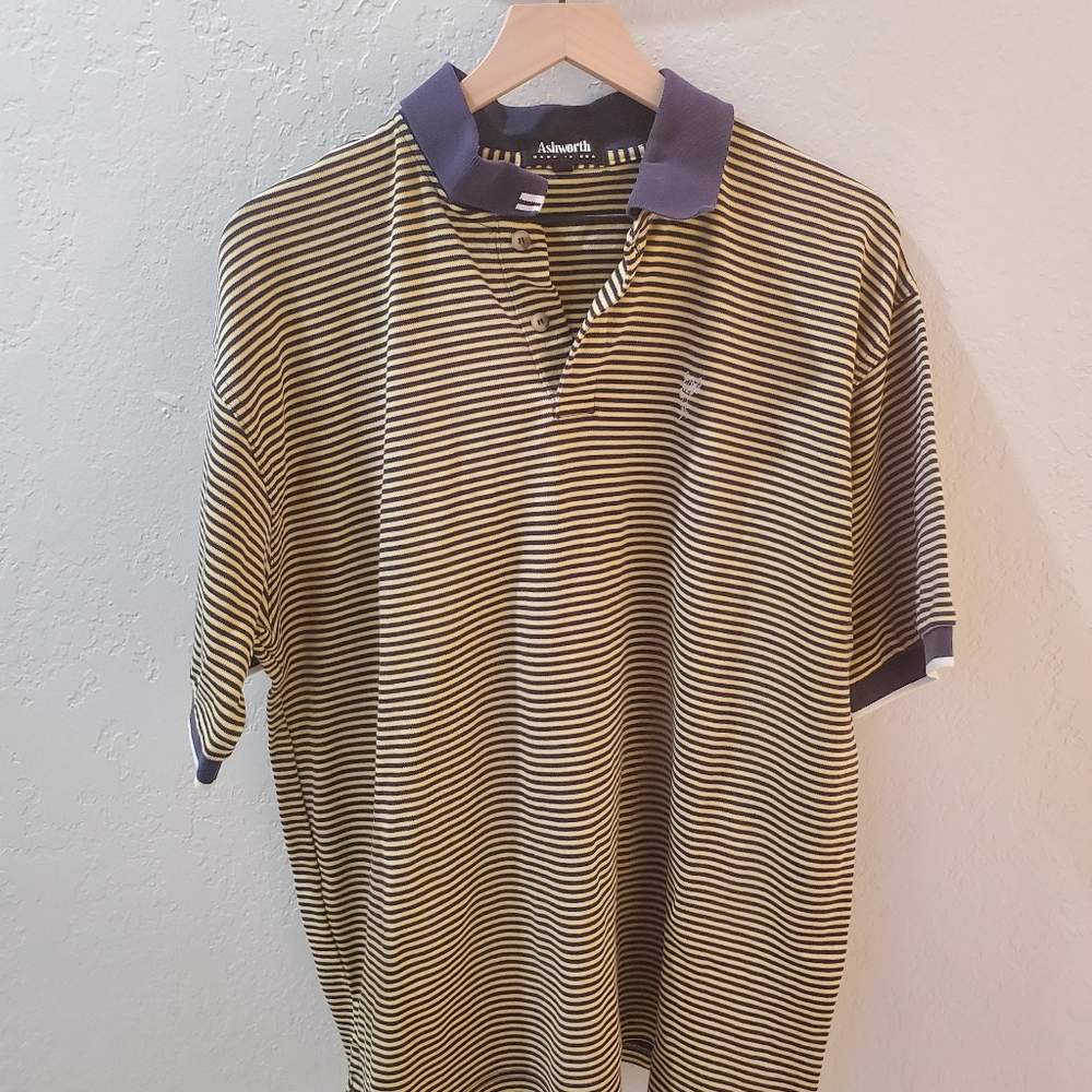 Ashworth golf polo shirt yellow and blue stripes